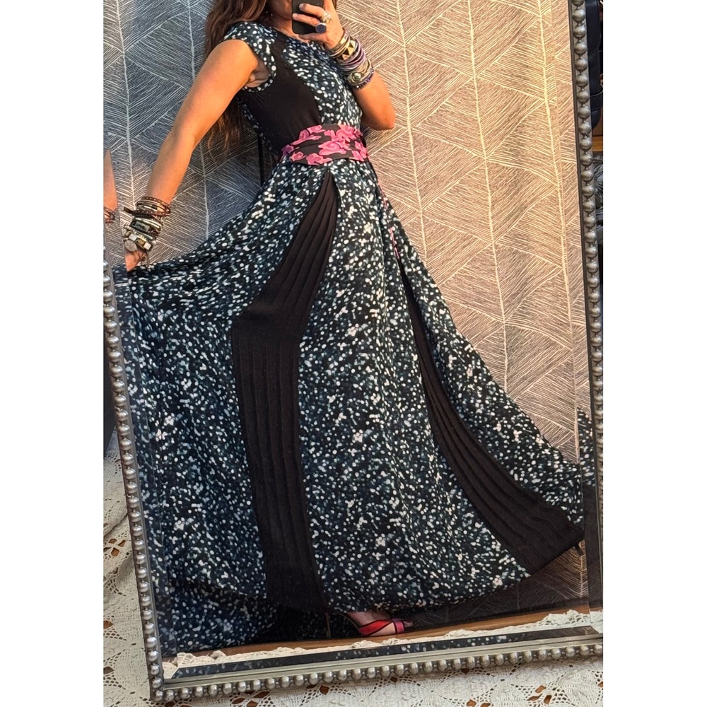 Rebecca‎ Taylor Maxi Dress Dot Print Pleated Black contrast Sz L